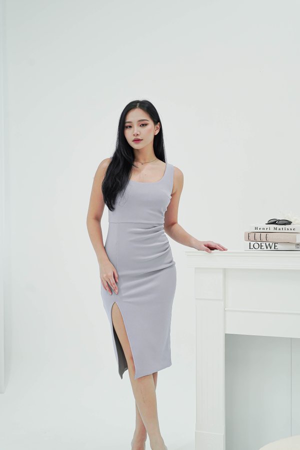 Cassie Ruched Midi Dress in Muted Lilac