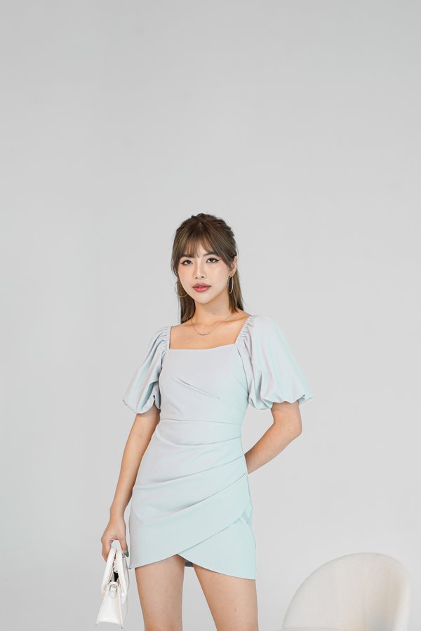 Larisa Bubble Sleeve Ruched Dress Romper in Dusty Blue