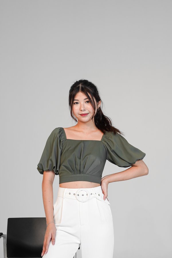 Noa Ruched Bubble Sleeve Top in Olive