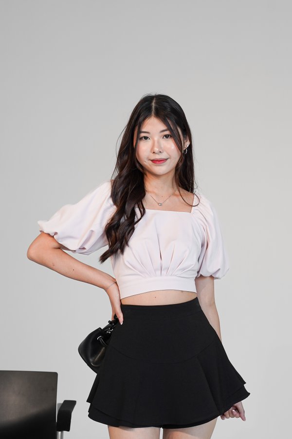 Noa Ruched Bubble Sleeve Top in Baby Pink