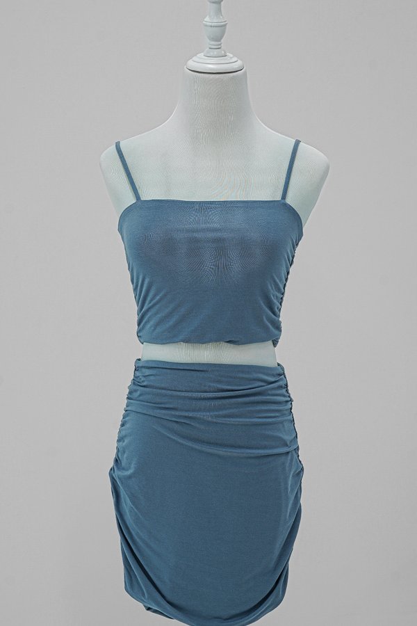 Izzie Side Ruched Top Co-ords in Dusty Blue