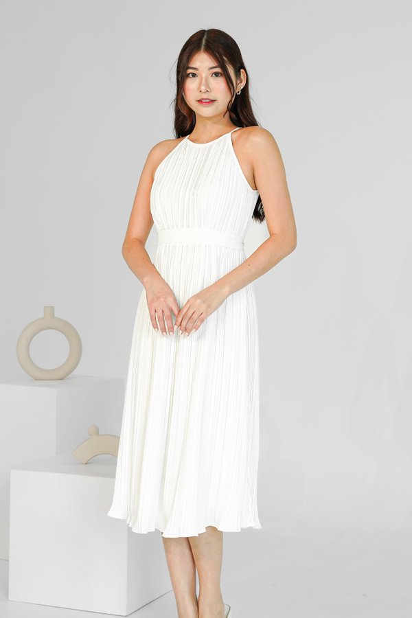Hannah Halter Pleated Midi Dress in White