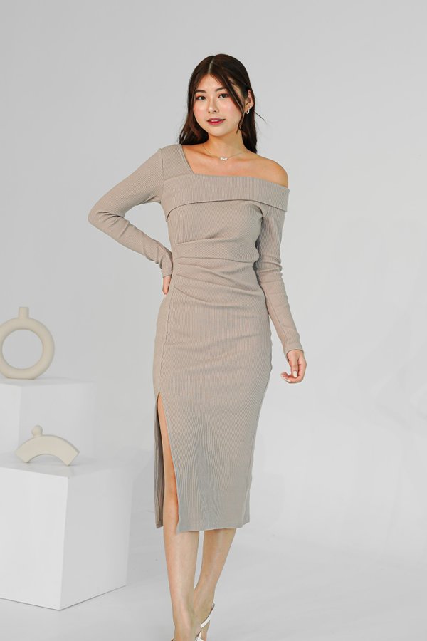Maple Off Shoulder Midi Dress in Taupe