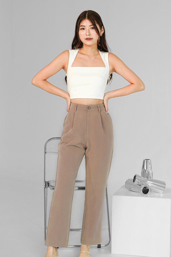 Astrid Button Straight Leg Pants in Light Brown