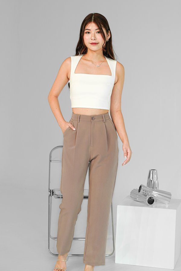 Astrid Button Straight Leg Pants in Light Brown