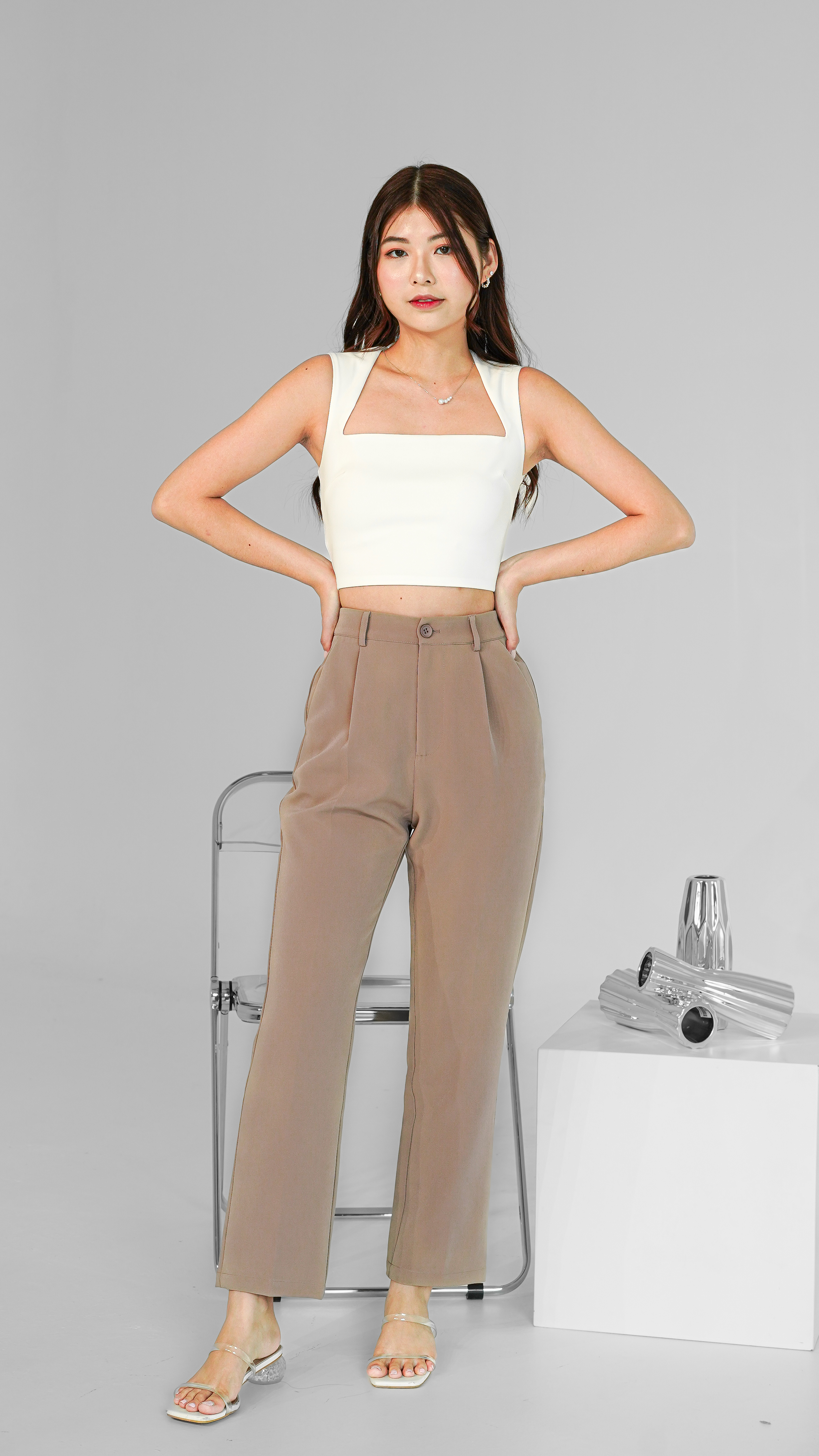 Astrid Button Straight Leg Pants in Light Brown | Mikayla