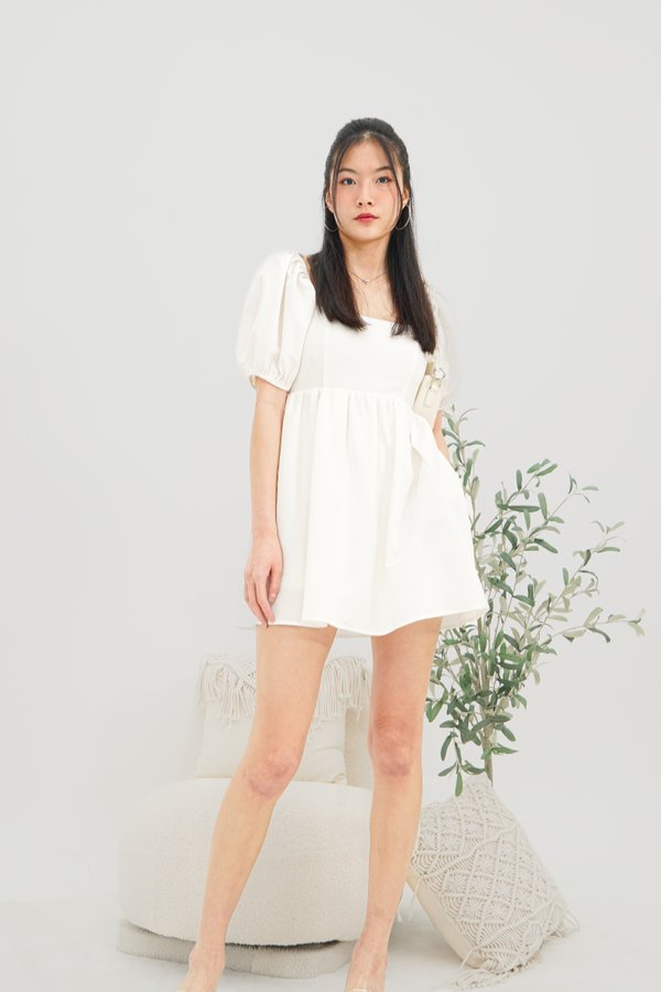 Jovie Padded Bare Back Bubble Sleeve Dress Mini Romper in White