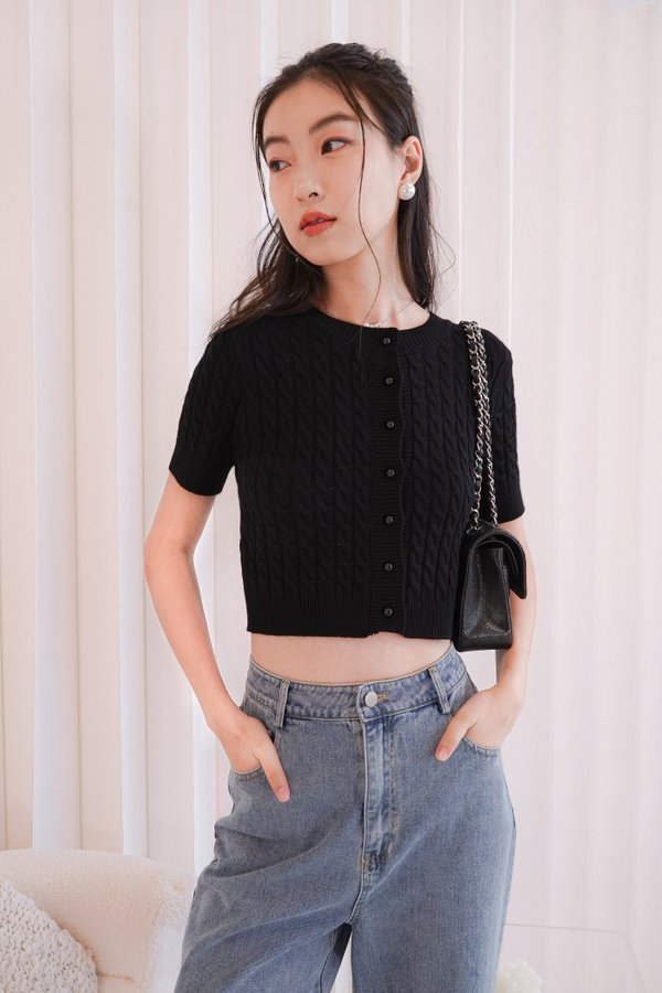 Aubrey Cable Knit Button Short Sleeve Top in Black