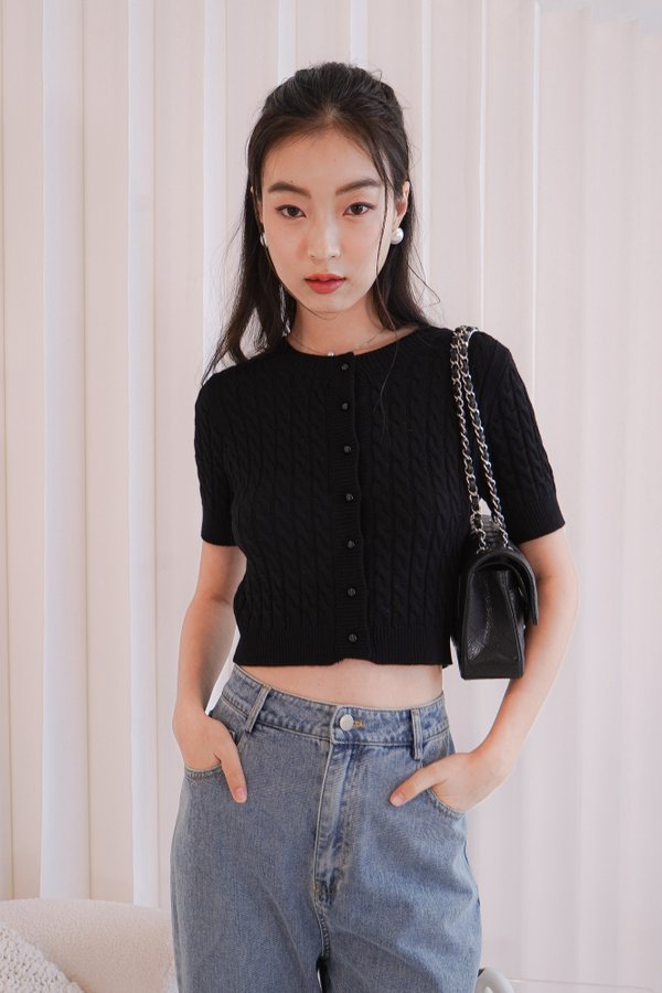 Aubrey Cable Knit Button Short Sleeve Top in Black