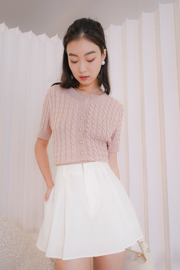 Aubrey Cable Knit Button Short Sleeve Top in Dusty Blush Pink