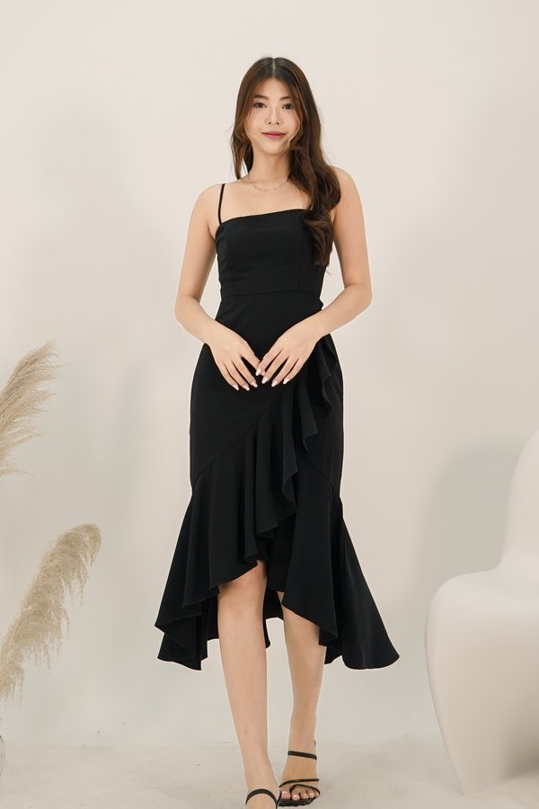Gianna Straight Neck Ruffle Midi Dress in Black