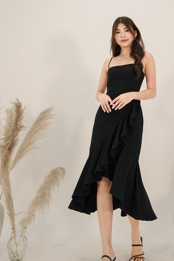 Gianna Straight Neck Ruffle Midi Dress in Black
