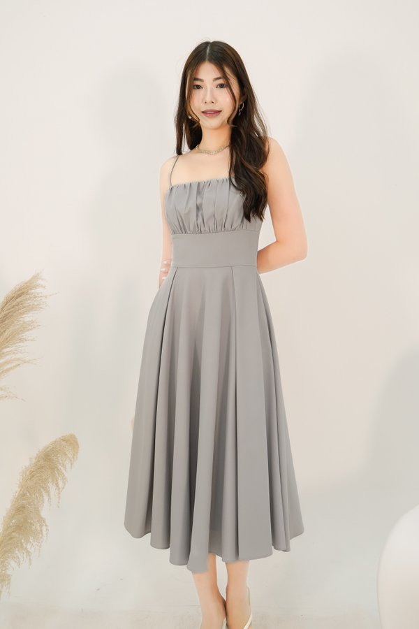 Saylor Ruched Midi Dress in Lilac Grey