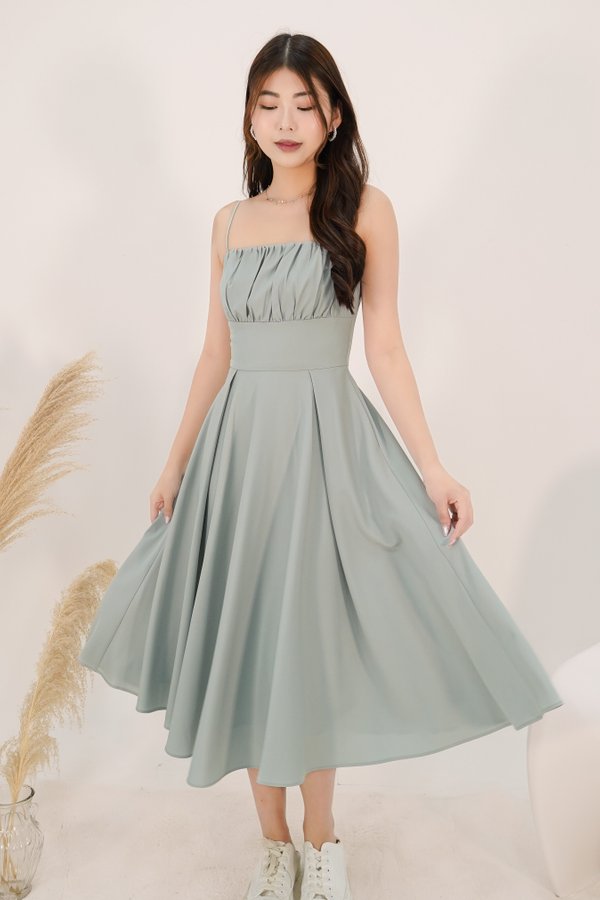 Saylor Ruched Midi Dress in Dusty Sage