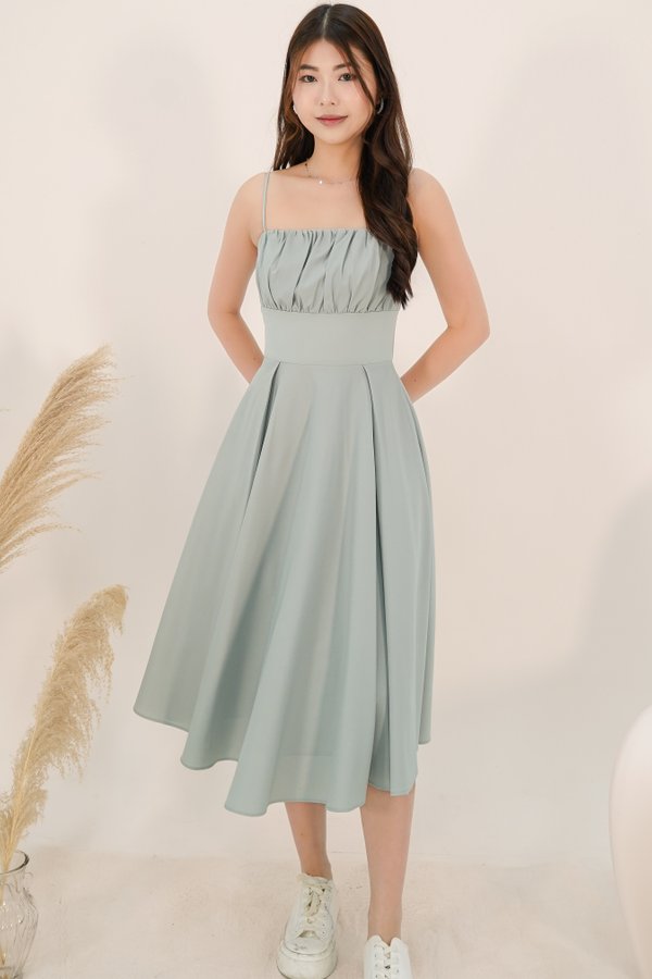Saylor Ruched Midi Dress in Dusty Sage