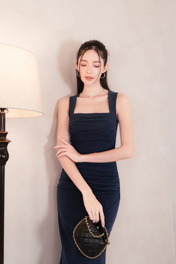*PREMIUM* (BARE/FOUR) Zoie Padded Ruched Midi Dress in Navy
