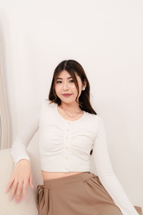 Lana Long Sleeve Pearl Button Top in White