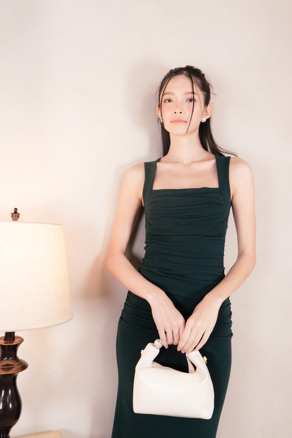 *PREMIUM* (BARE/FOUR) Zoie Padded Ruched Midi Dress in Forest Green