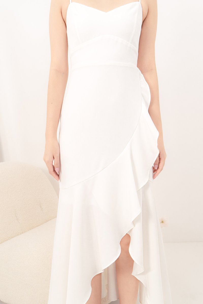 Shanna Sweetheart Neckline Ruffles Midi Dress in White | Mikayla