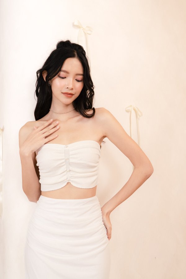 Giselle Knit Pearl Ruched Top in White