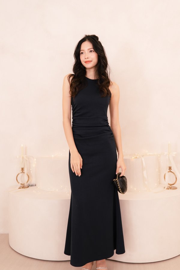 Claire Key Hole Back Ruched Midi Dress in Midnight