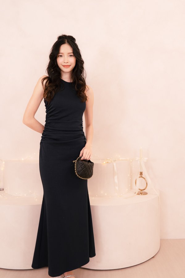 Claire Key Hole Back Ruched Midi Dress in Midnight