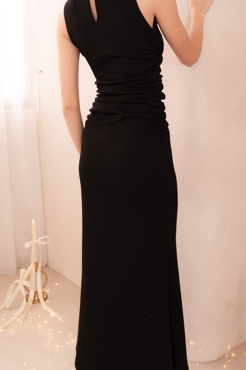 Claire Key Hole Back Ruched Midi Dress in Black | Mikayla
