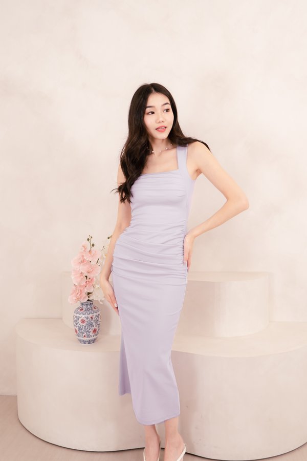 *PREMIUM* (BARE/FOUR) V2 Zoie Padded Ruched Midi Dress in Lilac
