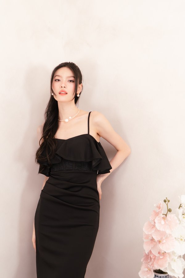 Iliana Off Shoulder Lace Midi Dress in Black