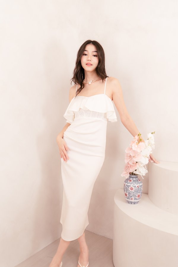 Iliana Off Shoulder Lace Midi Dress in White