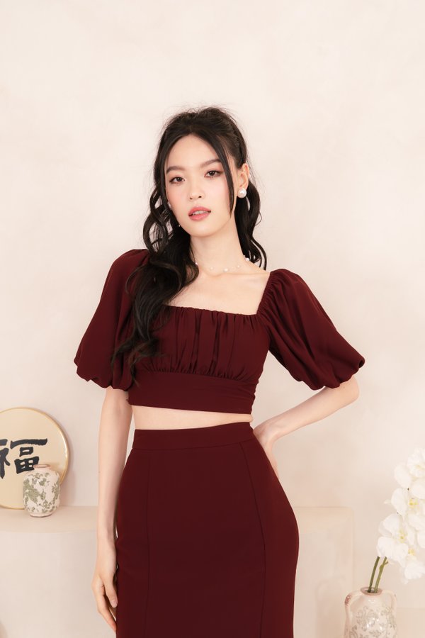 Eva Padded Puff Sleeve Ruched Top in Maroon