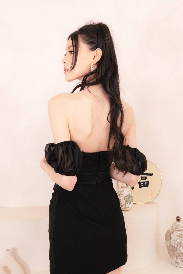 Elisa Padded Organza Bubble Sleeve Mini Dress in Black on Black