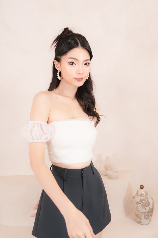 Erica Padded Organza Bubble Sleeve Top in White on White