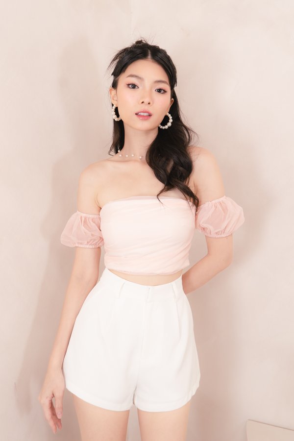 Erica Padded Organza Bubble Sleeve Top in Pink on White
