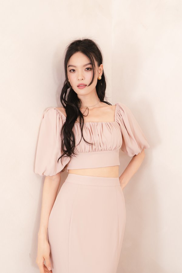 Eva Padded Puff Sleeve Ruched Top in Nude Pink