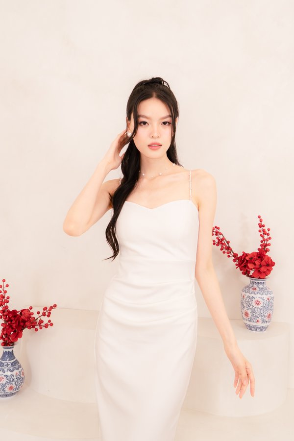 Gracielle Pearl Ruched Midi Dress in White