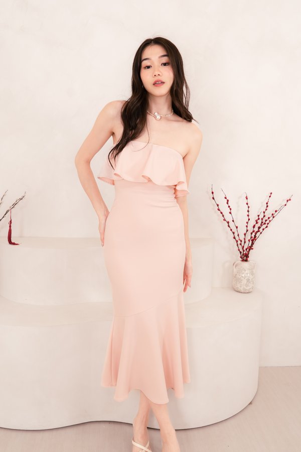 Liesel Toga Ruched Waist Midi Dress in Dusty Rose
