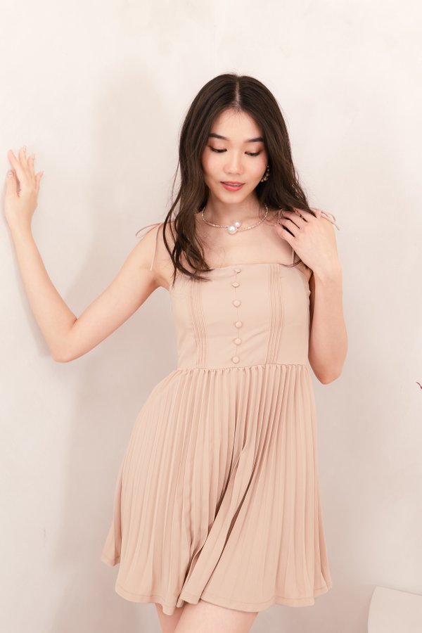 Haven Faux Button Self-tie Pleated Dress Romper in Nude Pink