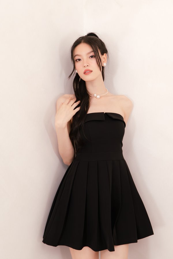 Hailey Overlap Pleated Dress Romper in Black