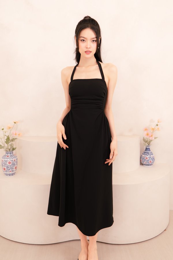 Ivette Self-tie Halter Midi Dress in Black