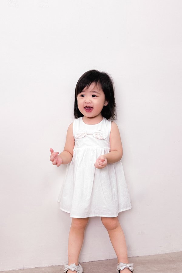 Little Gigi Dress in White with Rose Gold Lace Bow