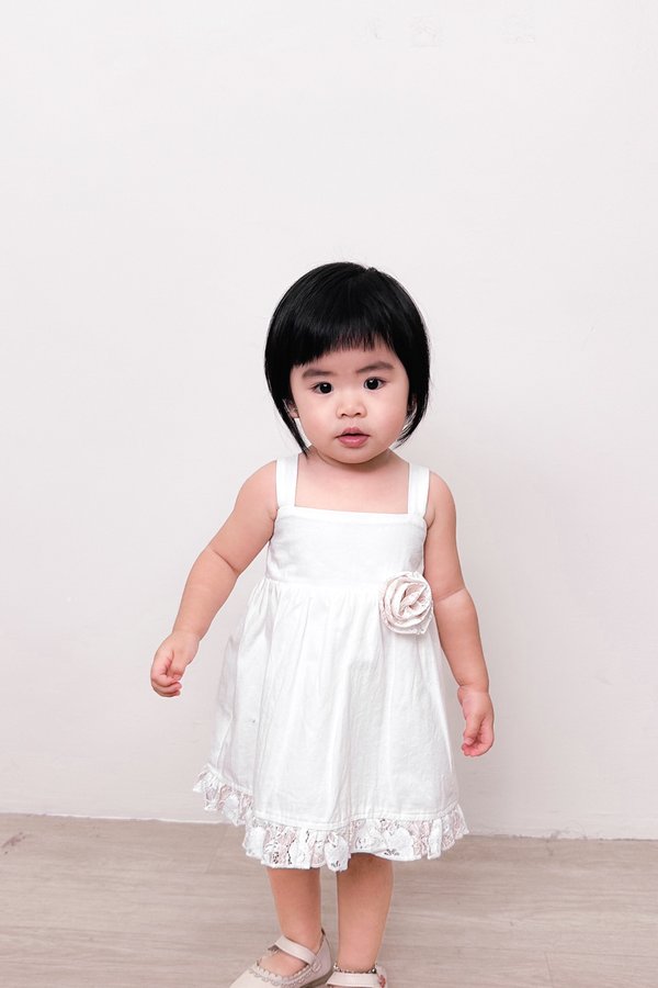 Little Genie Dress in White with Rose Gold Lace Flower