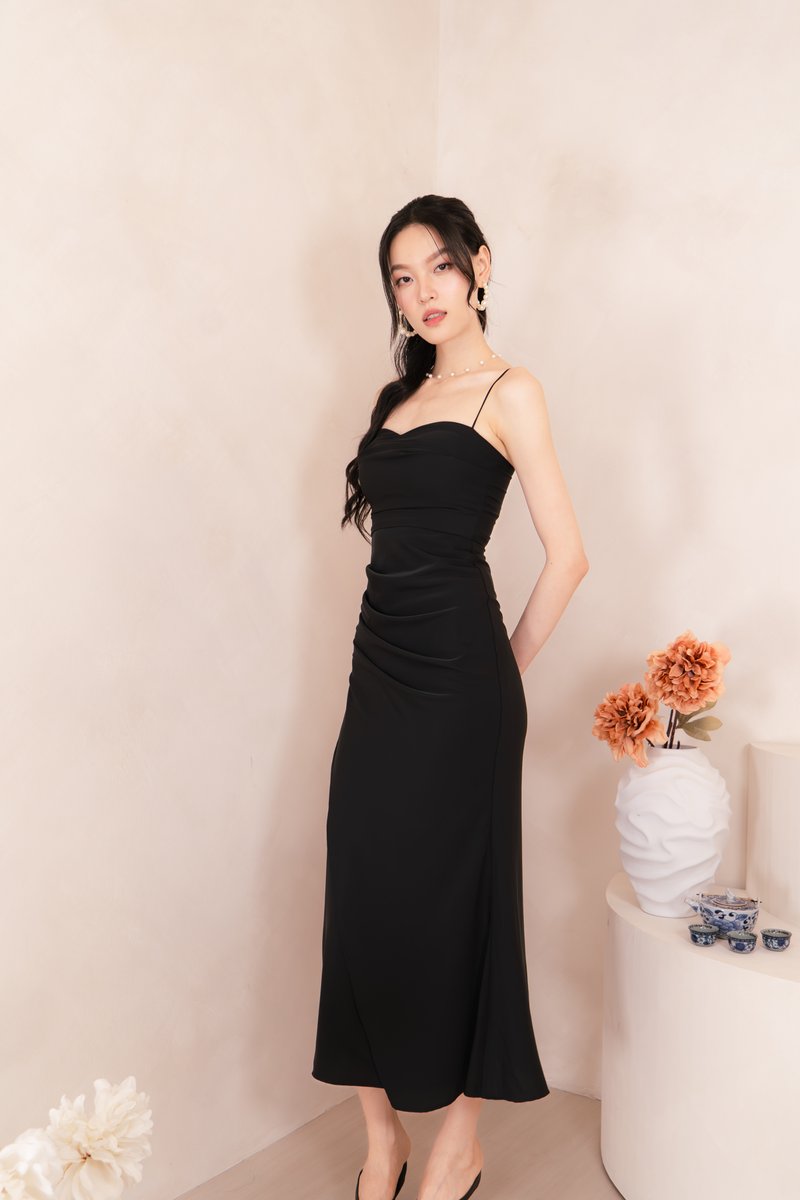 Devora Cowlneck Ruched Mermaid Hem Midi Dress in Black | Mikayla