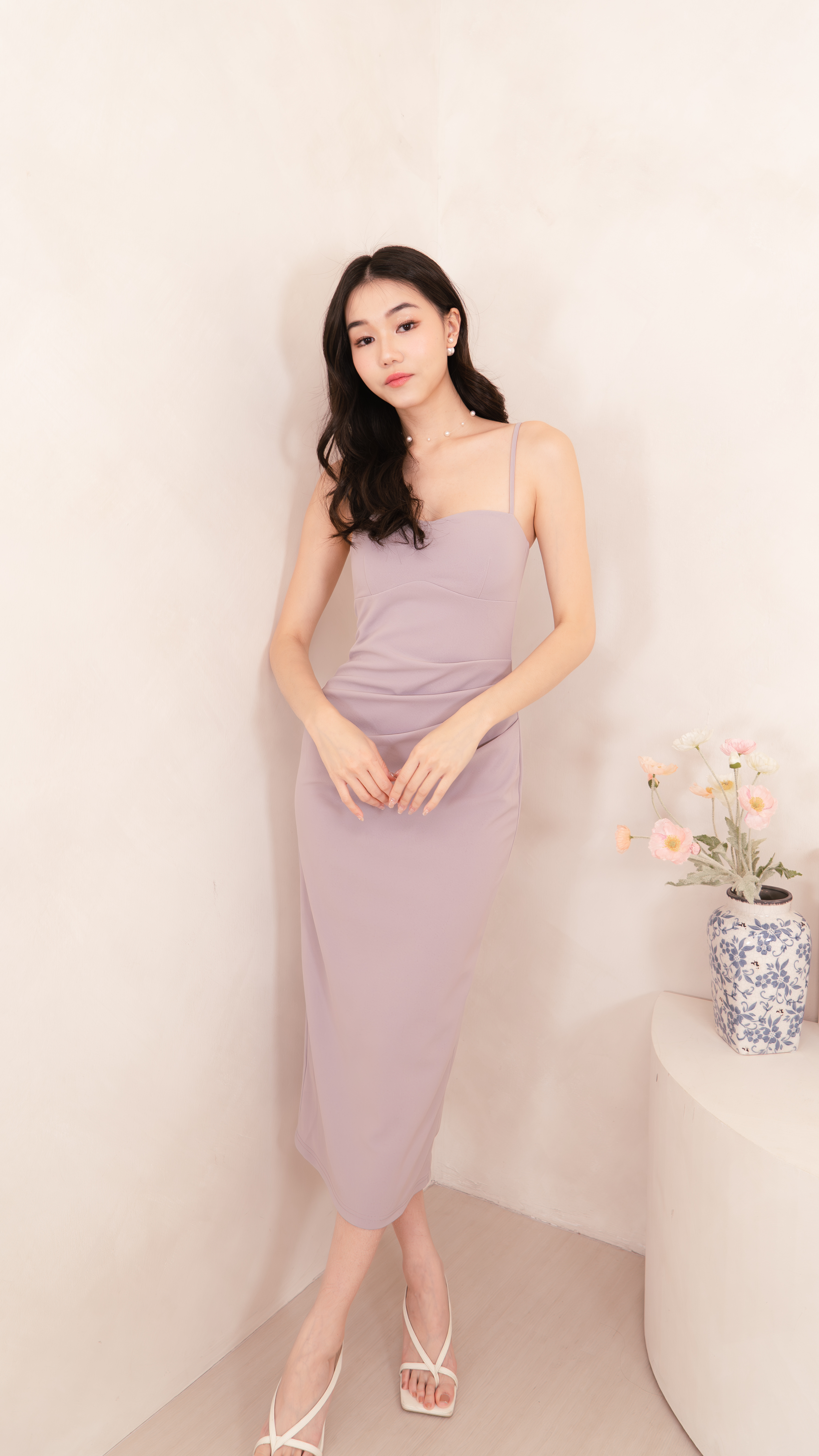 Claris V2 Sweetheart Neckline Ruched Midi Dress in Lilac | Mikayla