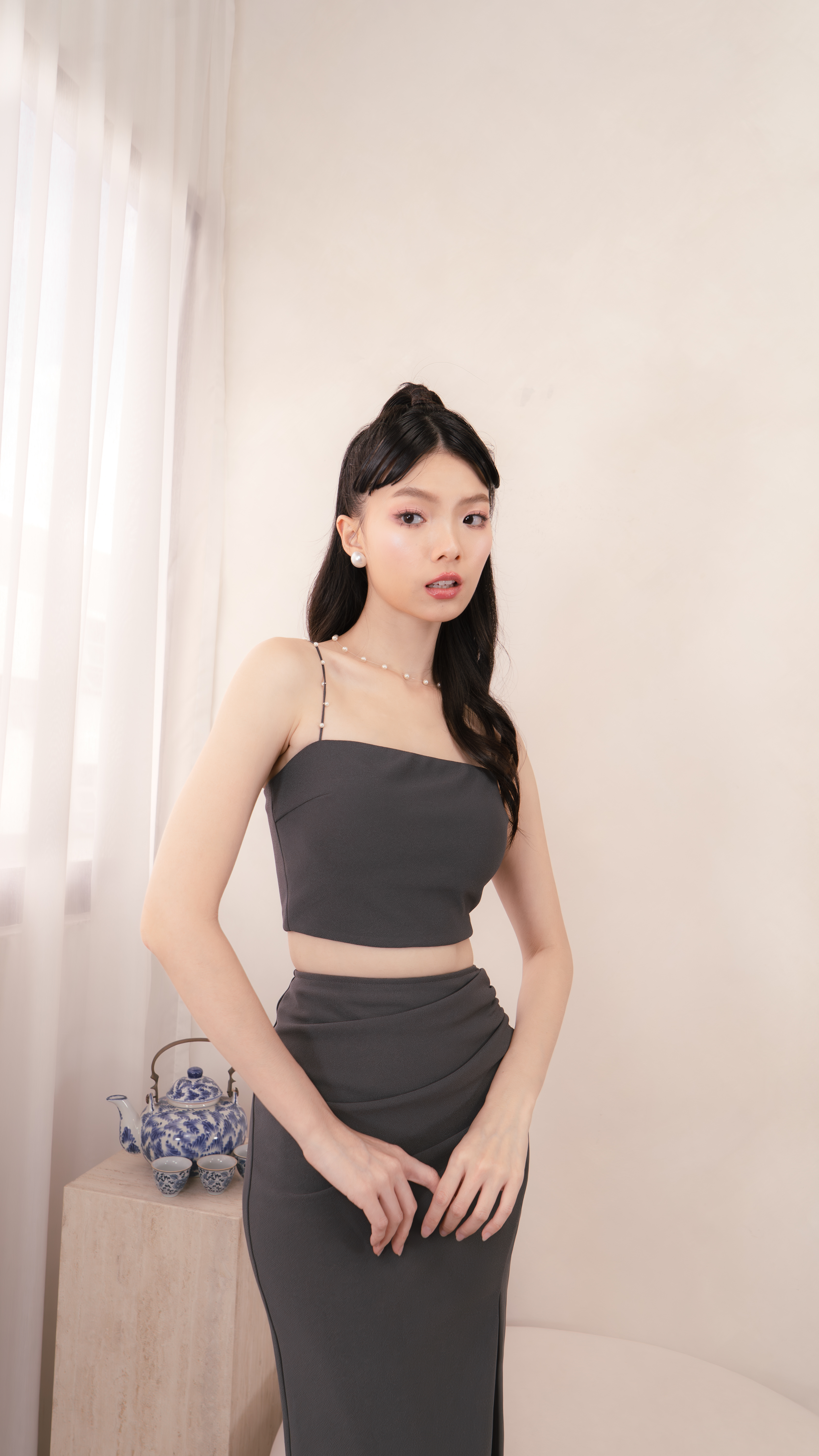 Briella Padded Pearl Strap Top in Slate Grey | Mikayla