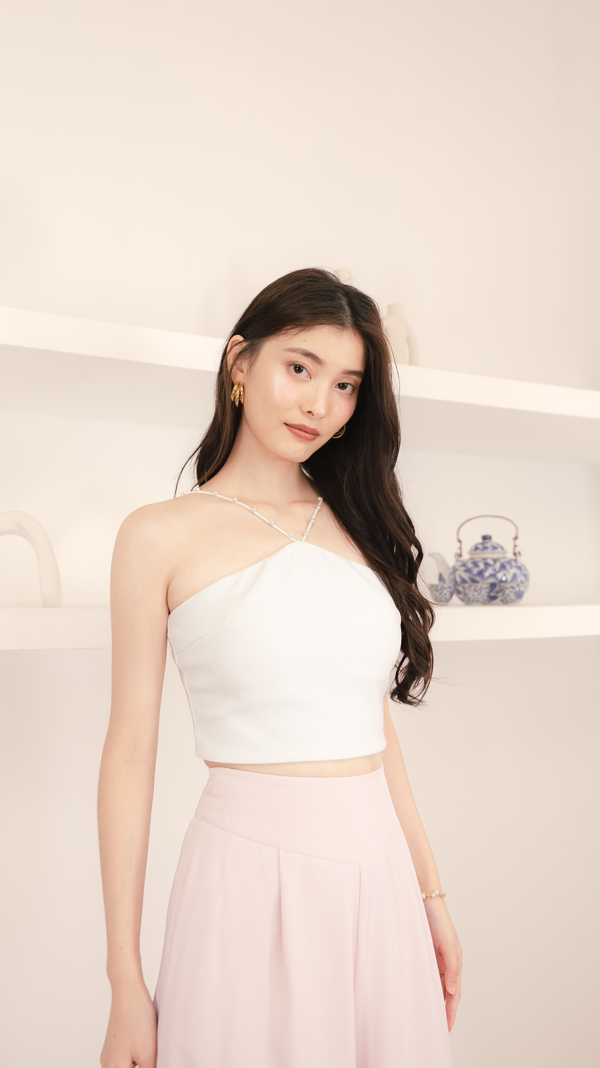 Halter Neck Pearl Button Top