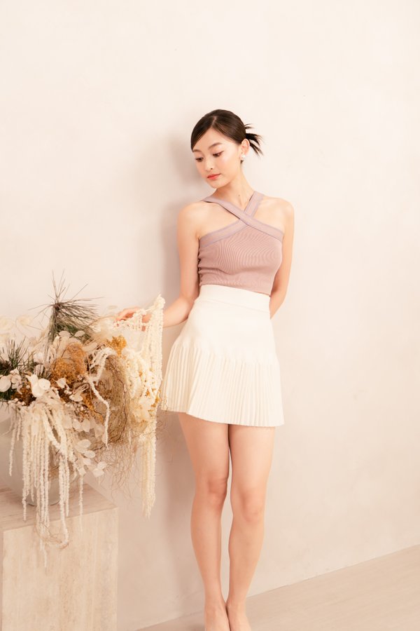 Dara High Waist Micro Pleats Knit Skirt in Off White