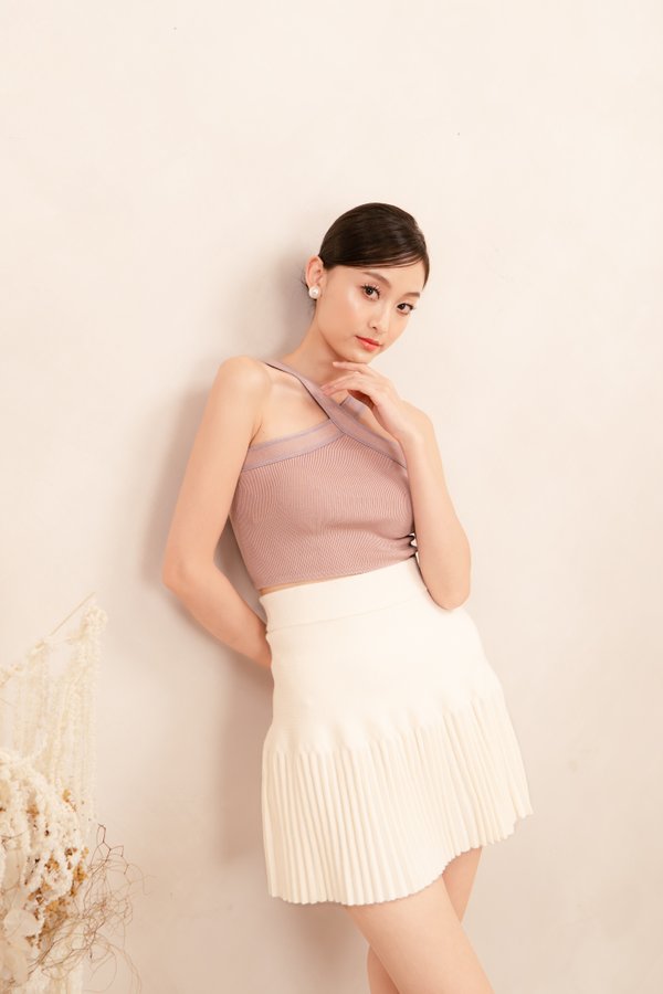 Kira Contrast Knit Halter Neck Top in Dusty Pink with Lilac