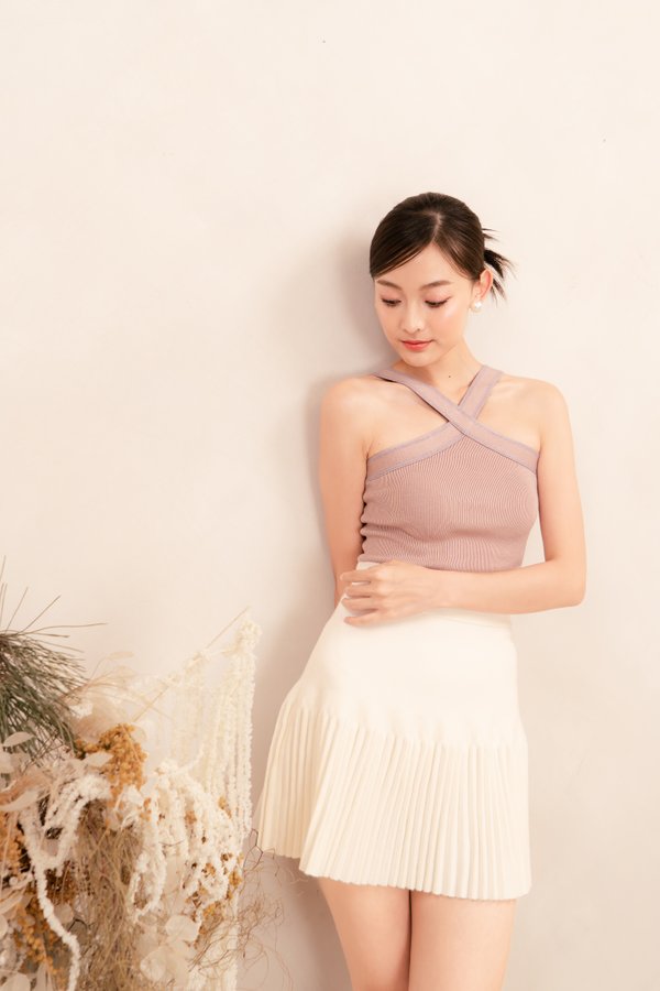 Kira Contrast Knit Halter Neck Top in Dusty Pink with Lilac
