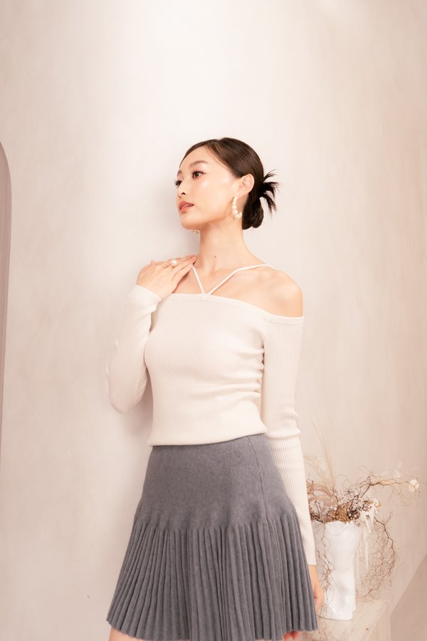 Dara High Waist Micro Pleats Knit Skirt in Light Grey